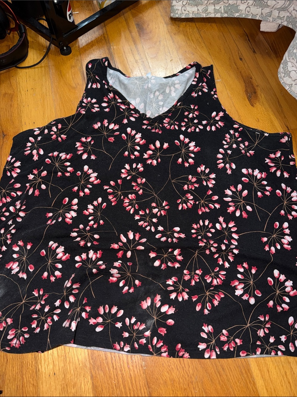Black Floral V-Neck Tank Top with Pink Blossom Print